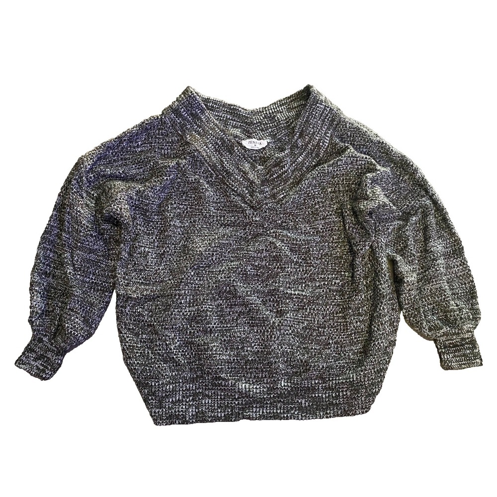 Zenana Black silver Waffle Knit Sweater Balloon Sleeve V Neck Women's M